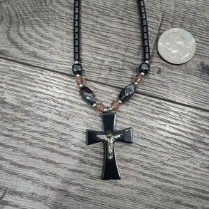 HEMATITE Men's Black and Silver Cross Pendant Necklace
